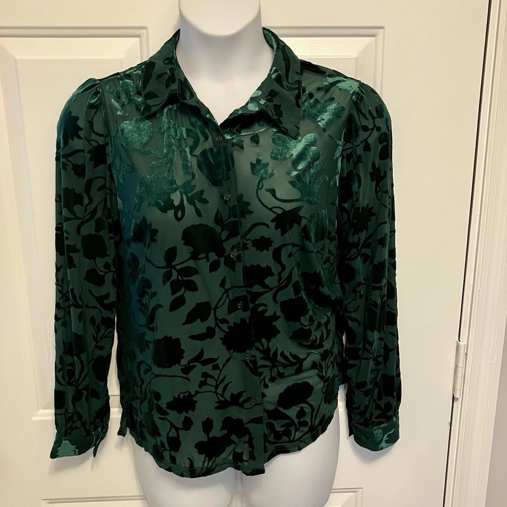 Ultra Pink Size Large Forest Green Burn Out Velvet Button Down Women's Shirt Top